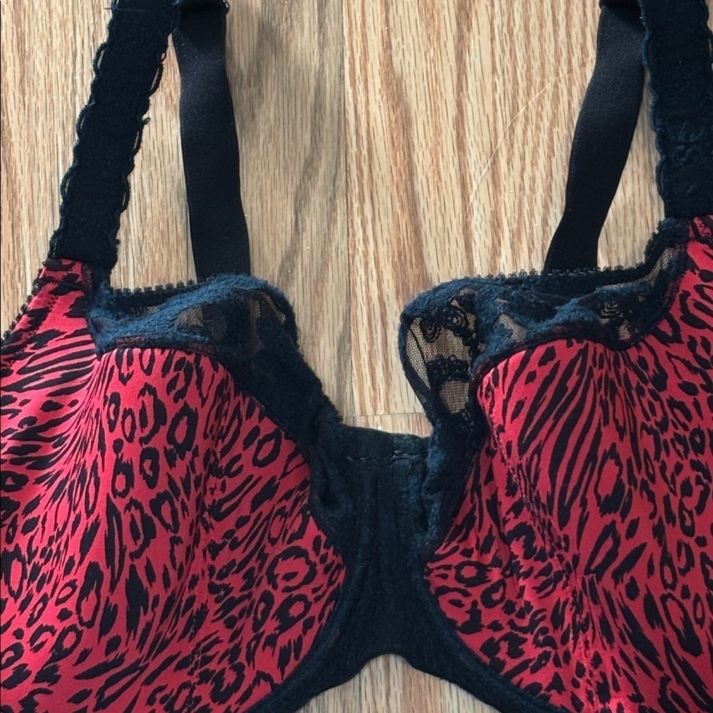 Cacique Red & Black leopard Print, underwire lace Bra, 40F - Picture 2 of 10